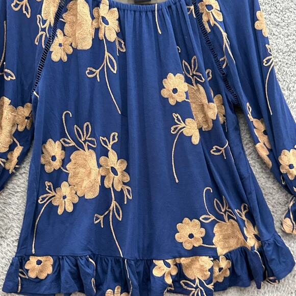 LIV Los Angeles Medium Blue Long Sleeve Blouse Floral Embroidery Boho - Picture 3 of 9